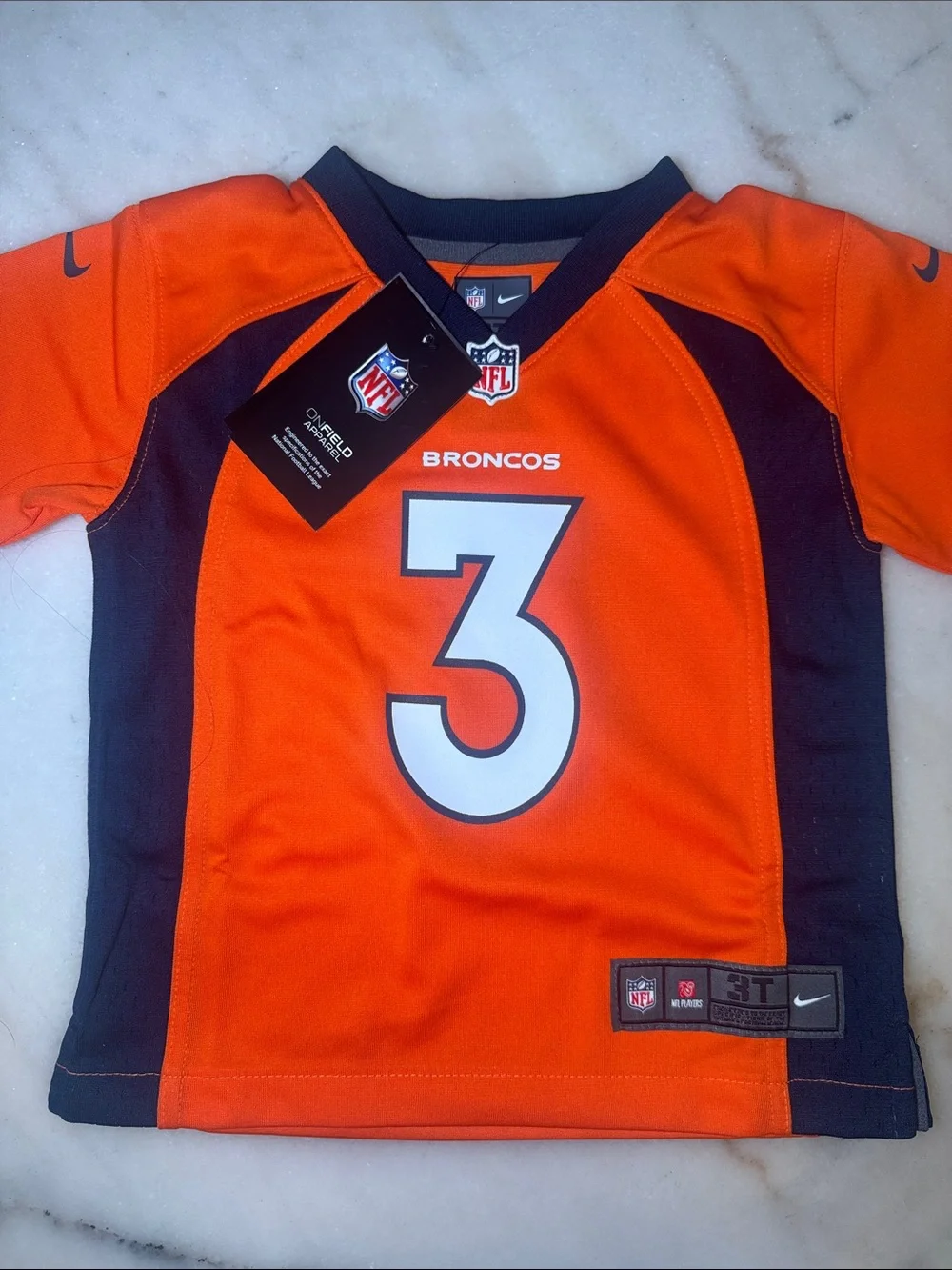 Nike Youth Broncos Orange and Navy Jersey No. 3